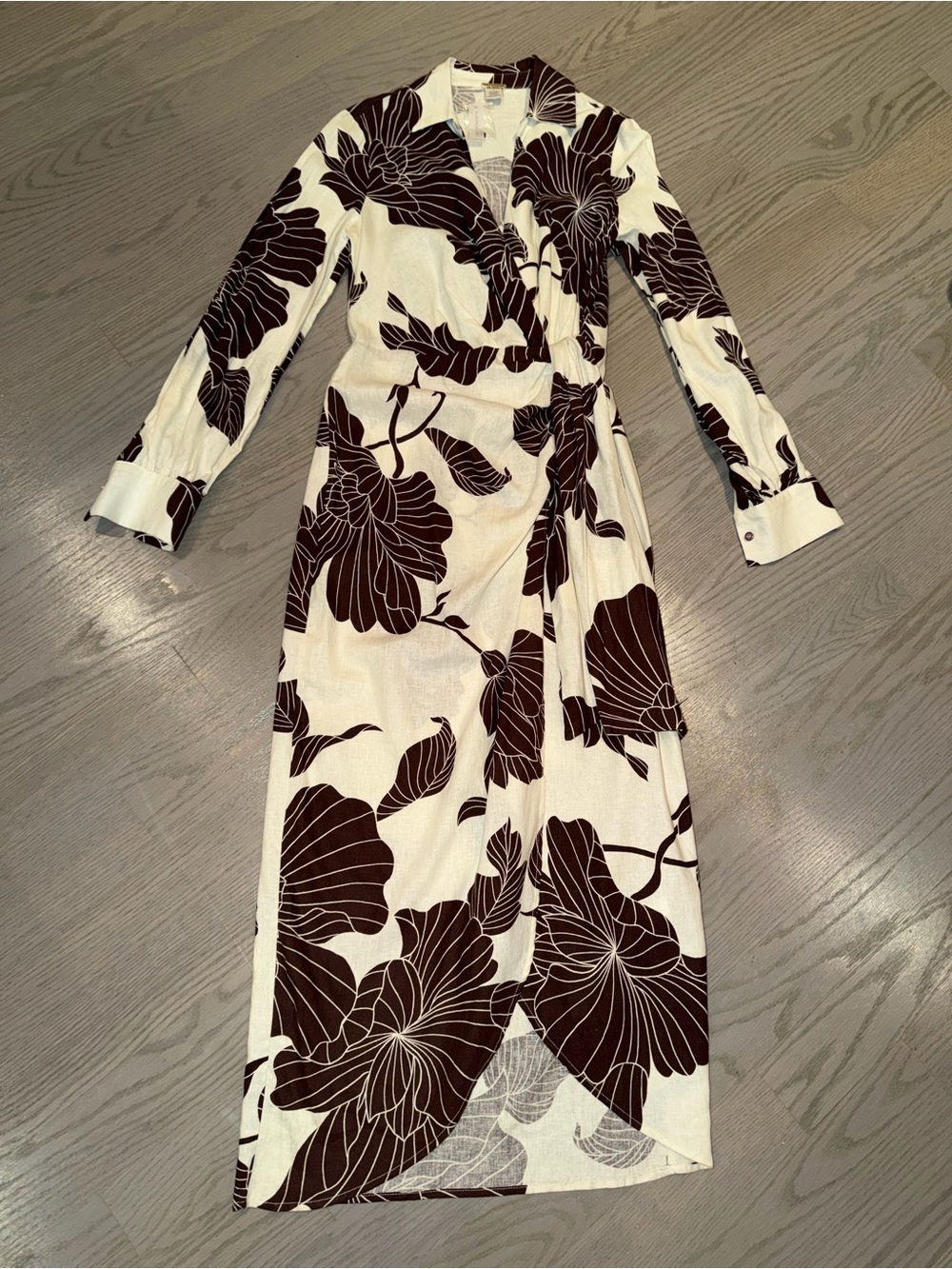 Magaschoni Cream Wrap Dress with Black Floral Print